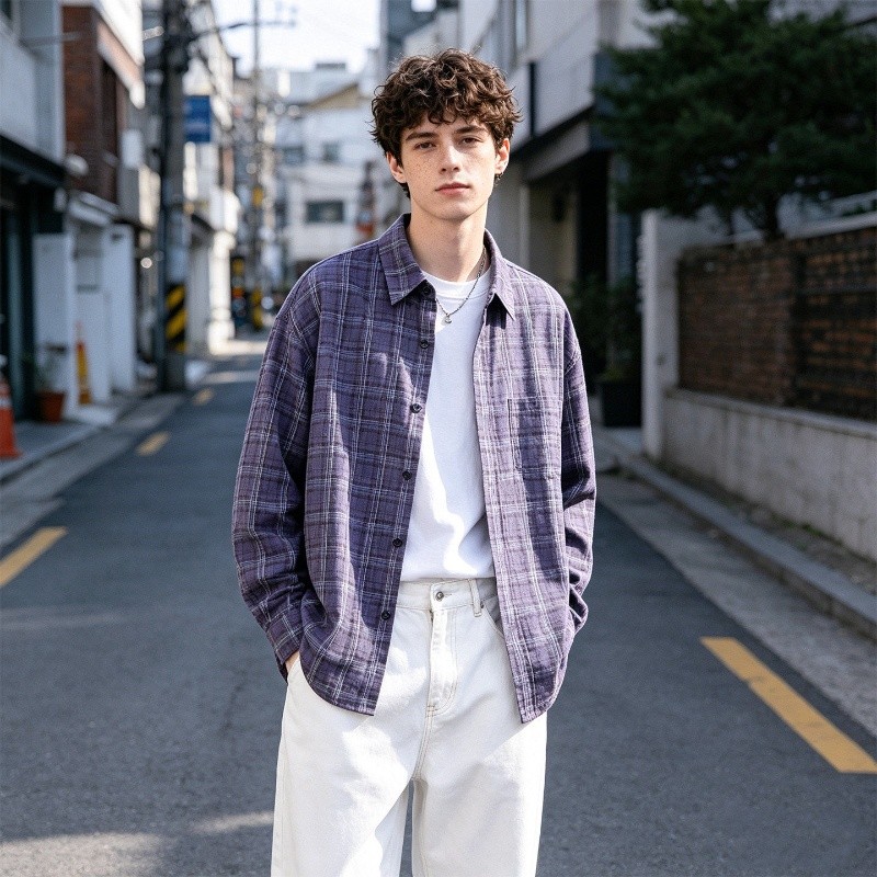 紫色格子长袖衬衫男开衫上衣