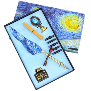 梵高油画羽毛笔礼盒哈利波特火漆钢笔英文书法练字专用醮水笔沾水笔世界名画笔记本子文艺复古彩页插画手账本