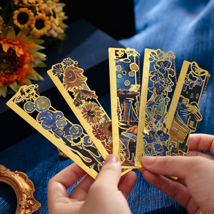 镂空金属书签繁花刻度尺子文艺复古风书尺梵高莫奈油画直尺白玫瑰日出印象盛开的杏花罗纳河精美创意实用礼品