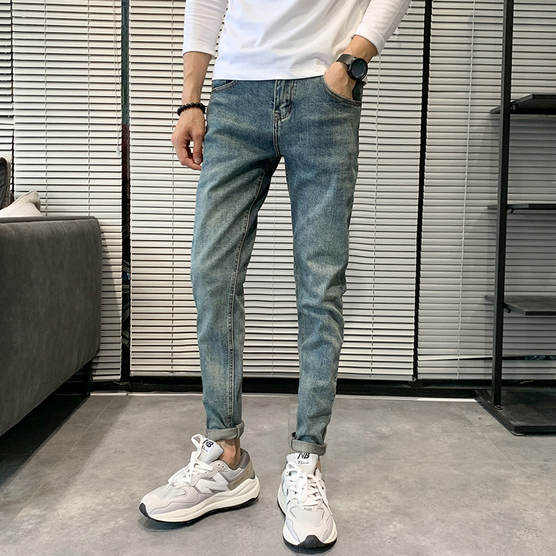 2024四季蓝色加绒加厚牛仔裤潮百搭男士修身小脚裤青年小直角长裤