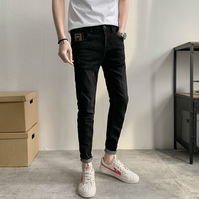 个性刺绣猫爪加绒小脚裤男士青年修身弹力铅笔裤子加厚牛仔长裤潮