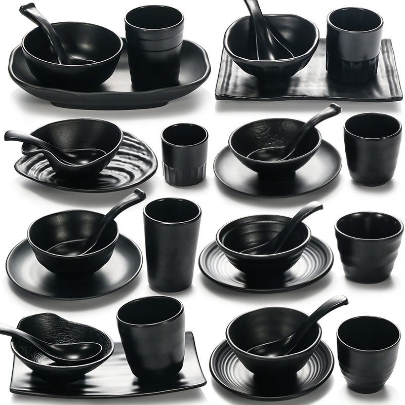 密胺火锅饭店黑色餐厅四件套摆台创意餐具碗碟套装配套塑料杯勺子