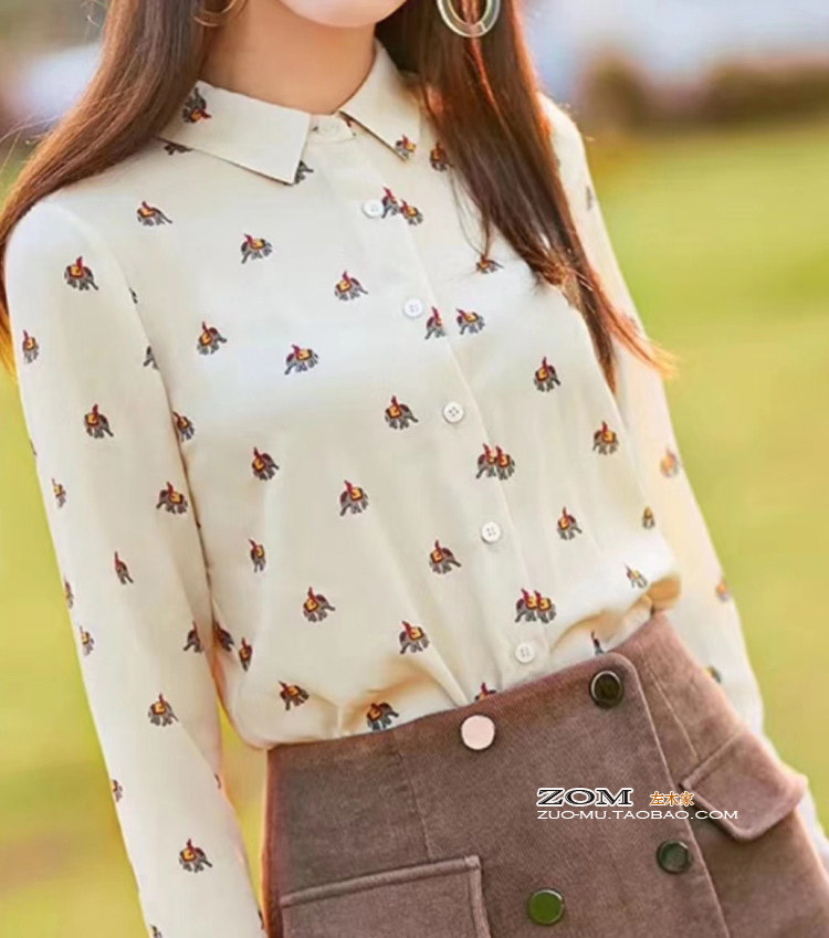 学院风EQ 甜美小象印花长袖真丝衬衫女上衣100%桑蚕丝 秋装新款