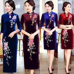 金丝绒绣花旗袍2021春夏新品大码宴会团队走秀演出服高端质感中式