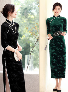 墨绿色丝绒压花七分袖显瘦气质长款旗袍老上海时尚改良日常女古风