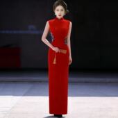 金丝绒长旗袍走秀演出服年轻款 高雅气质显瘦修身 高端舞台礼仪形体