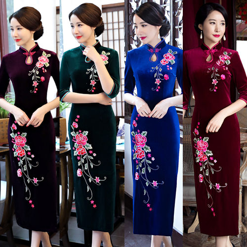 刺绣金丝绒旗袍妈妈装中式新娘