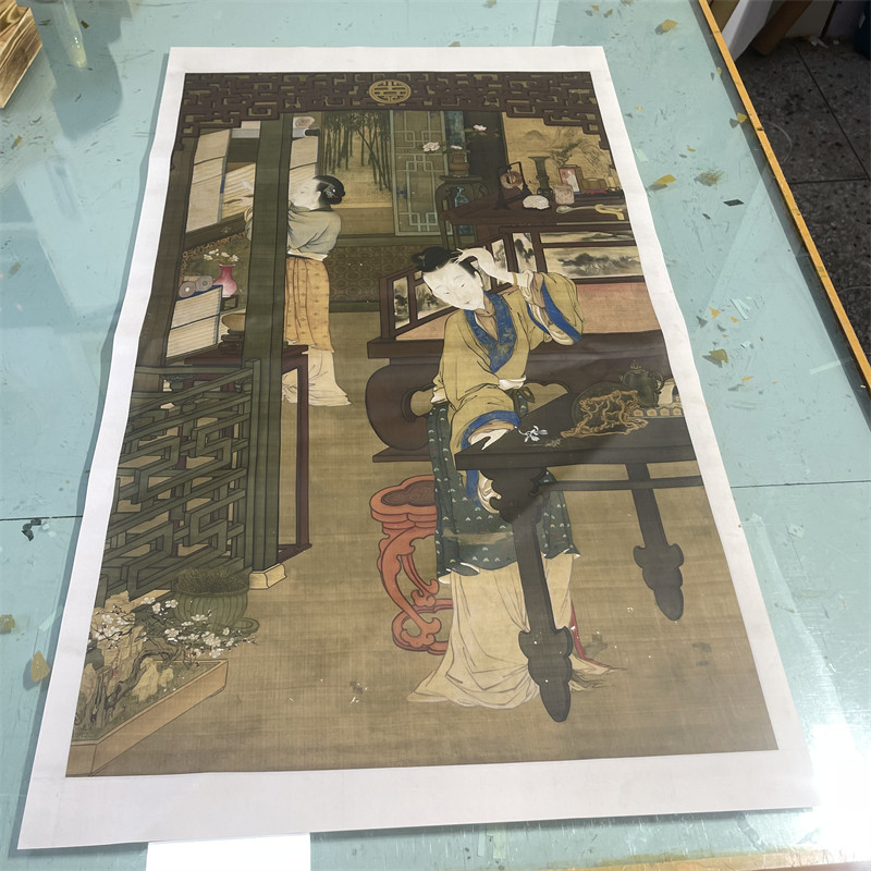 清金廷标仕女簪花图古代女人重彩工笔画高清绢布微喷酒店装饰画