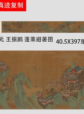 元 王振鹏 蓬莱避暑图 名家青绿山水人物国画长卷真迹微喷复制