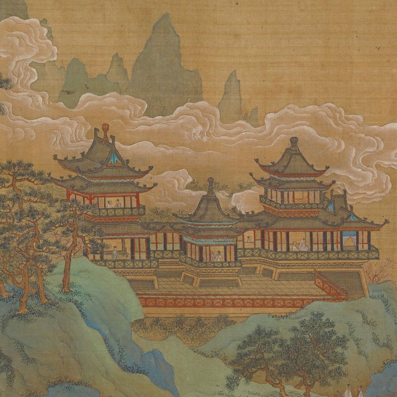 赵伯骕款 早春图卷 宋代国画春季青绿山水楼阁界画高清微喷画稿