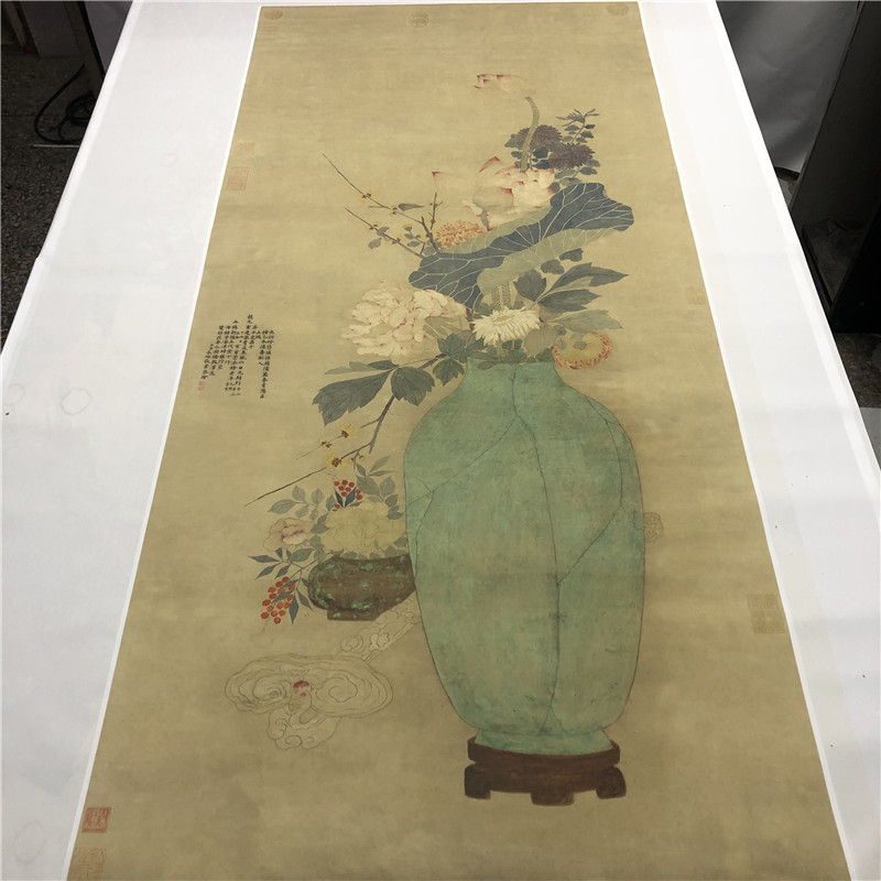 1:1清 永瑢平安如意图原大古代名画工笔牡丹富贵寓意挂画复制品