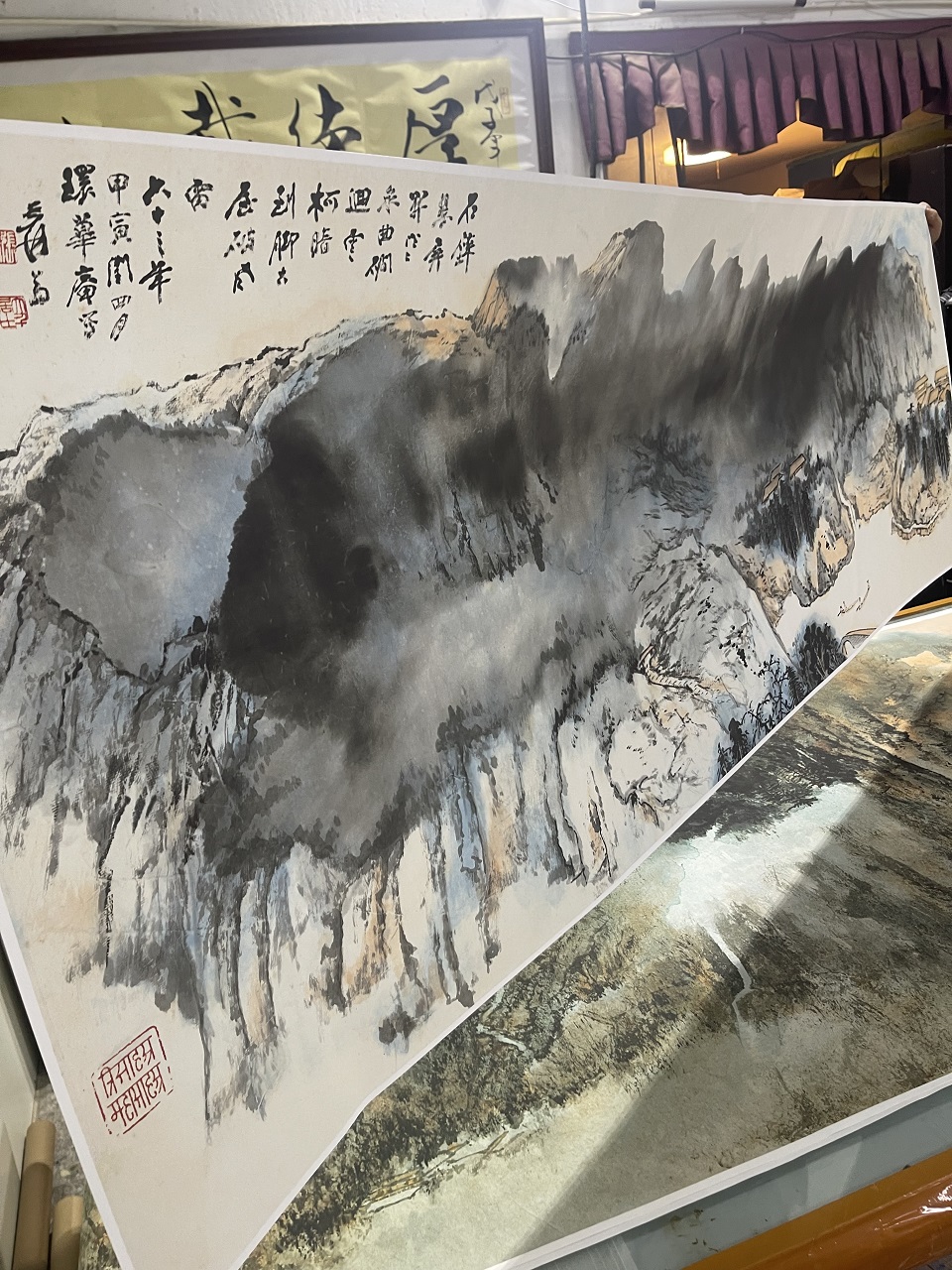 酒店客厅餐厅书房装饰画近现代名家 张大千 翠屏寒泉图 横幅挂画图片