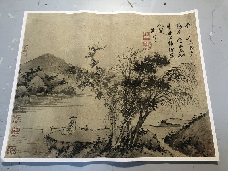 明 沈周 垂钓图斗方仿古国画真迹微喷复制装饰画学习临摹山水画稿