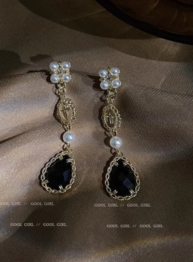 925银针韩国时尚珍珠水晶耳钉复古个性设计感气质耳环长款耳饰品