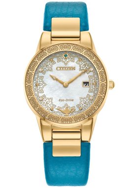 Citizen/西铁城女手表迪士尼阿拉丁蓝色真皮表带腕表30mm礼品套装