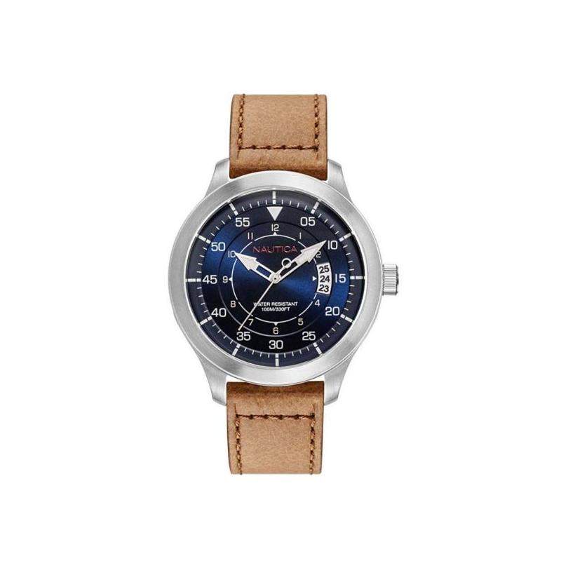 nautica诺帝卡男手表复古棕色真皮指针44mm送礼物正品12466265