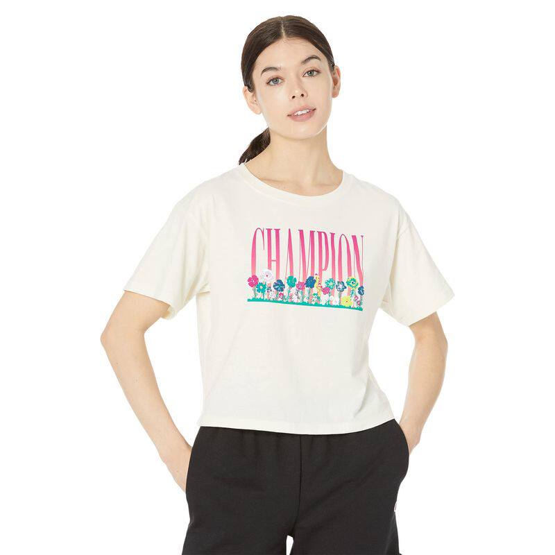 champion/冠军女 t恤半截袖短袖上衣透气白色品牌字母休闲运动