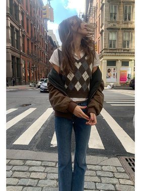 brandy melville针织衫女背心BM复古V领菱格提花均码秋冬正品jx7