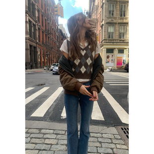 秋冬正品 女背心BM复古V领菱格提花均码 jx7 melville针织衫 brandy
