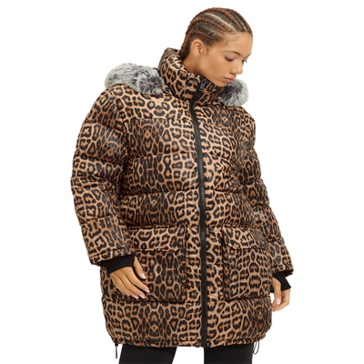 UGG女款羽绒服中长款豹纹防水耐脏冬季保暖连帽大口袋可拆卸毛领