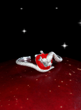 红苹果与小蛇戒指原创纯银S925小众可爱甜酷爆闪钉砂戒圈