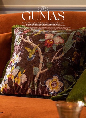 GUMAS家居原创复古中国风花鸟植物丝绒印花抱枕沙发轻奢靠枕