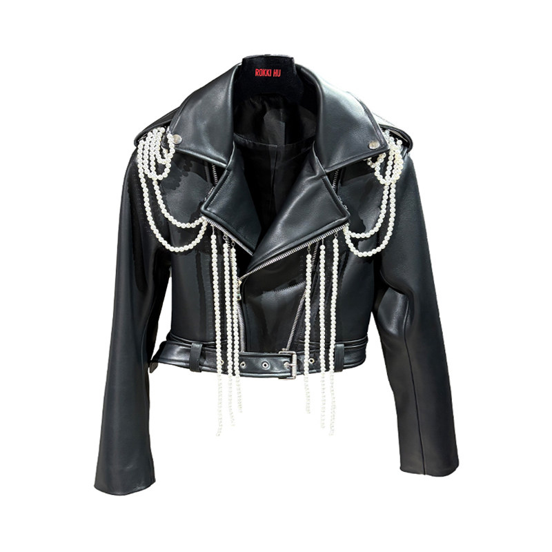 ROKKIHU 黑色珍珠链条机车羊皮衣女短款收腰设计感甜酷夹克外套,女装/女士精品,皮衣,淘宝优惠券,粉丝福利购,淘宝优惠卷