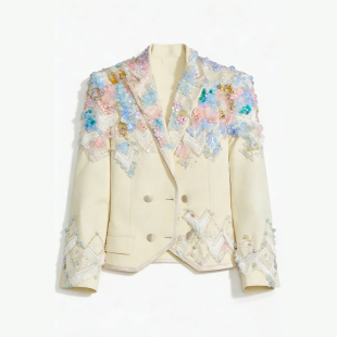 ROKKIHU 外套女粉蓝花朵刺绣轻奢宴会礼服西服 重工钉珠亮片西装