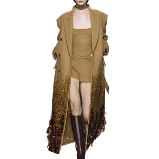 ROKKIHU 外套宴会定制大衣 重工渐变珠片驼色羊毛大衣宽松阔肩长款