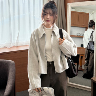 韩东大门ins休闲风翻领短款毛呢小个子外套女宽松百搭气质上衣