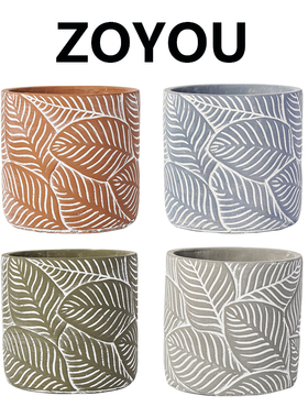 经典水泥花盆树叶浮雕客厅电视台面酒柜装饰盆器室内家用多肉花盆