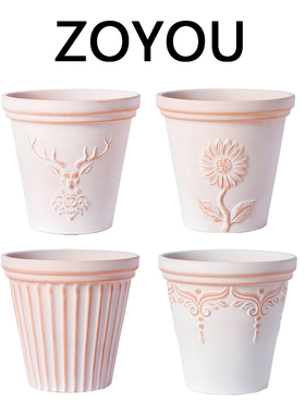 复古雾化白陶土盆北欧简约红陶盆浮雕做旧ins花园阳台陶瓷花盆