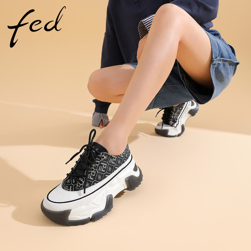 fed外观专利女鞋秋季百搭增高厚底运动休闲鞋真皮垫板鞋德训鞋女
