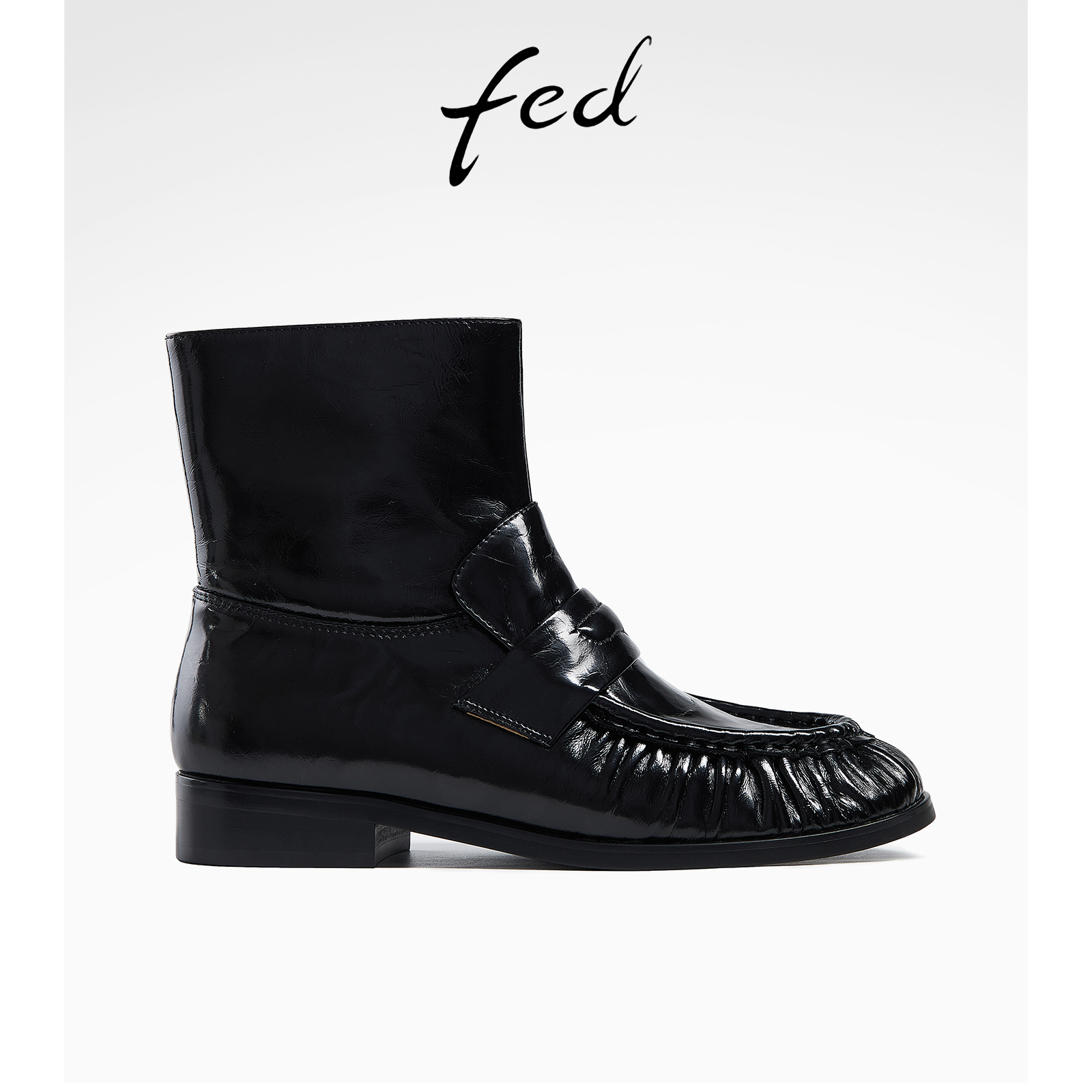 fed真皮靴子女鞋冬2025秋舒适低跟粗跟靴子女短靴时装切尔西鞋女