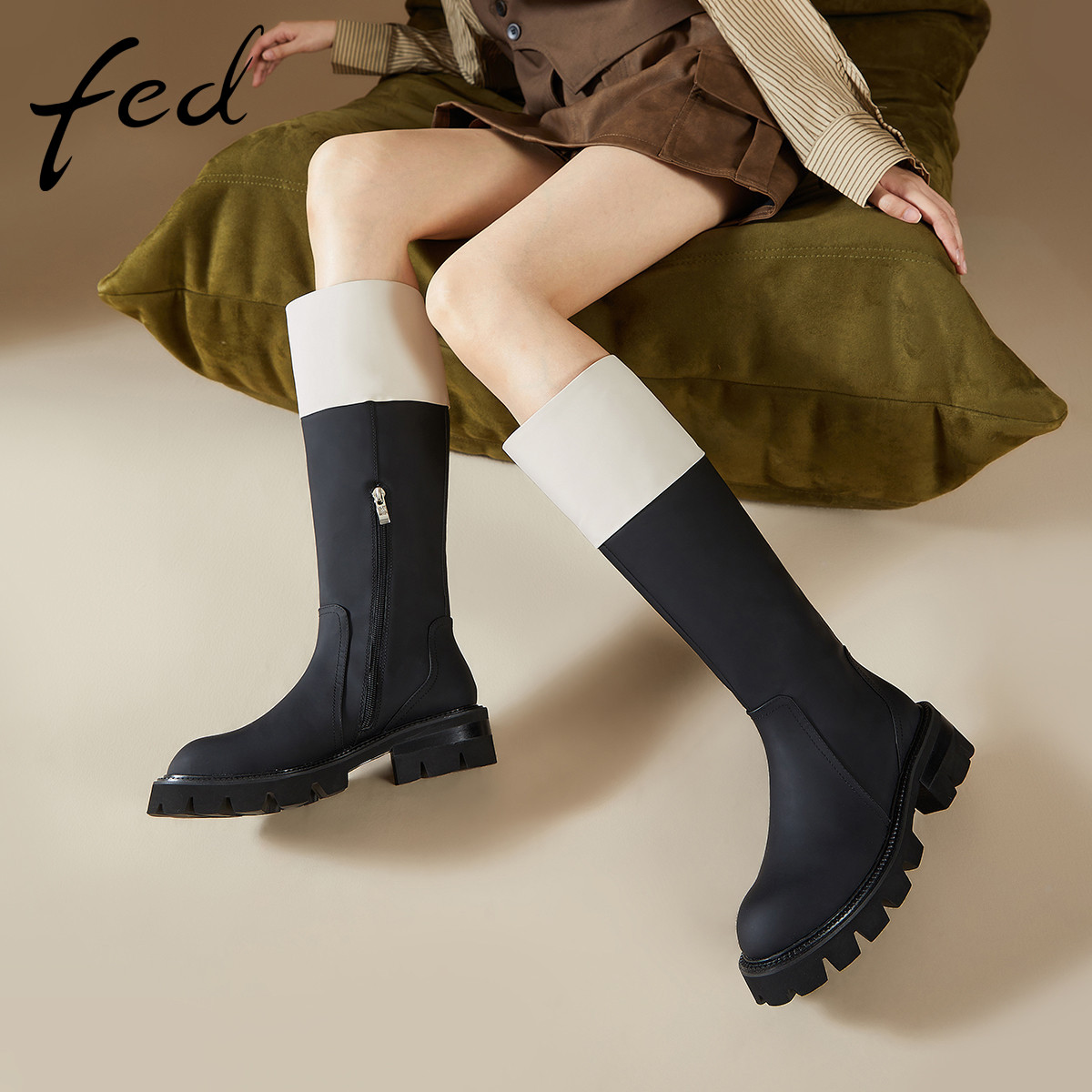 fed高级感头层牛皮全真皮撞色秋冬女鞋粗跟靴子女高筒靴骑士靴女