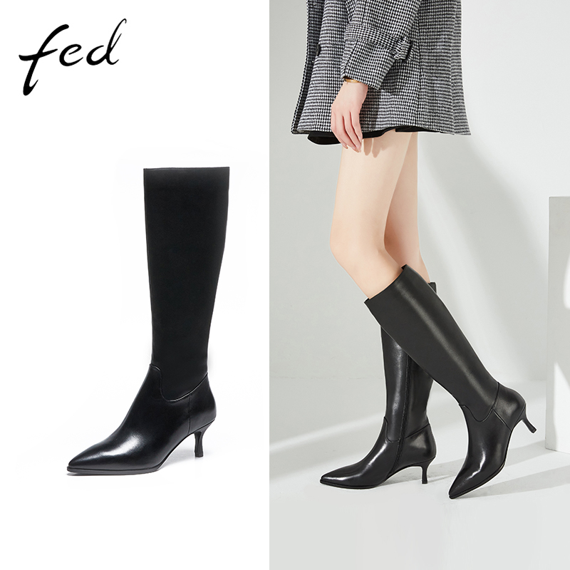 fed全头层牛皮秋冬女鞋真皮绒里细高跟靴子女高筒时装靴骑士靴女