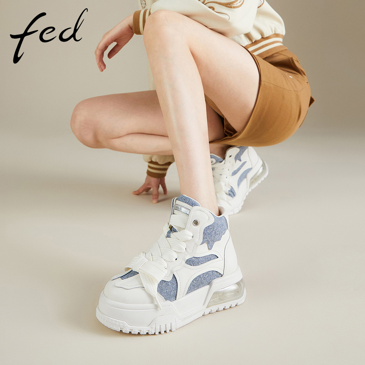 FED真皮休闲女鞋秋季厚底增高运动休闲鞋女高帮机能板鞋老爹鞋女