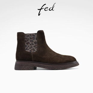 fed高丝光反绒皮秋冬女鞋真皮复古圆头粗跟靴子女短靴切尔西靴女