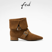 fed摩卡慕斯春秋真皮粗跟靴子女短靴松驰感翻盖切尔西靴西部靴女