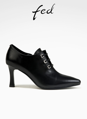 fed黑色踝靴春季新款女靴高跟短靴真皮靴深口单鞋女款D1128-ZF897