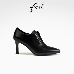 D1128 fed黑色踝靴春季 女款 女靴高跟短靴真皮靴深口单鞋 ZF897 新款