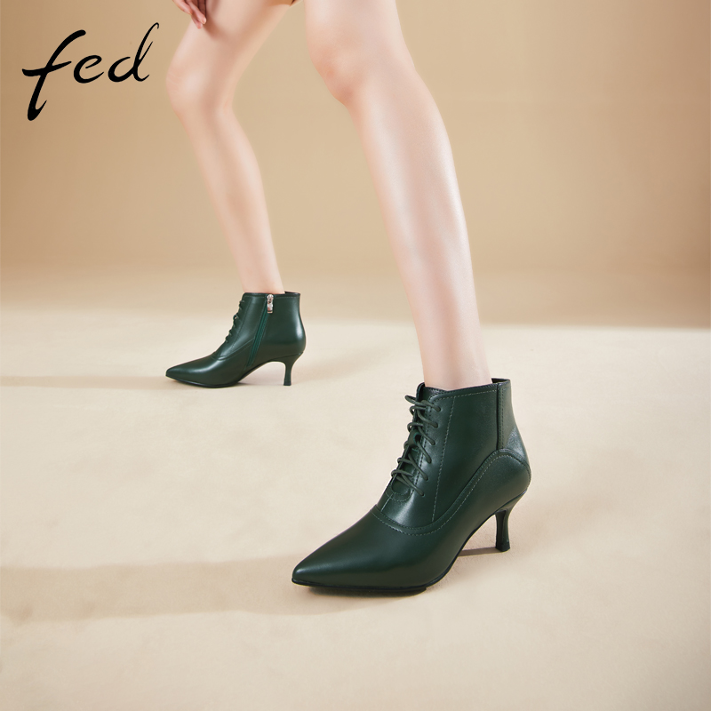fed高级感羊皮秋冬女鞋真皮尖头细高跟靴子女短靴马丁靴时装靴女