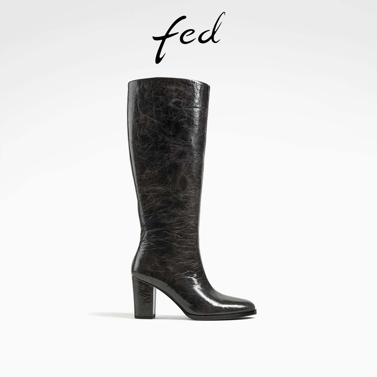 fed高级感双色牛皮秋冬女鞋真皮粗高跟靴子女高筒时装靴骑士靴女