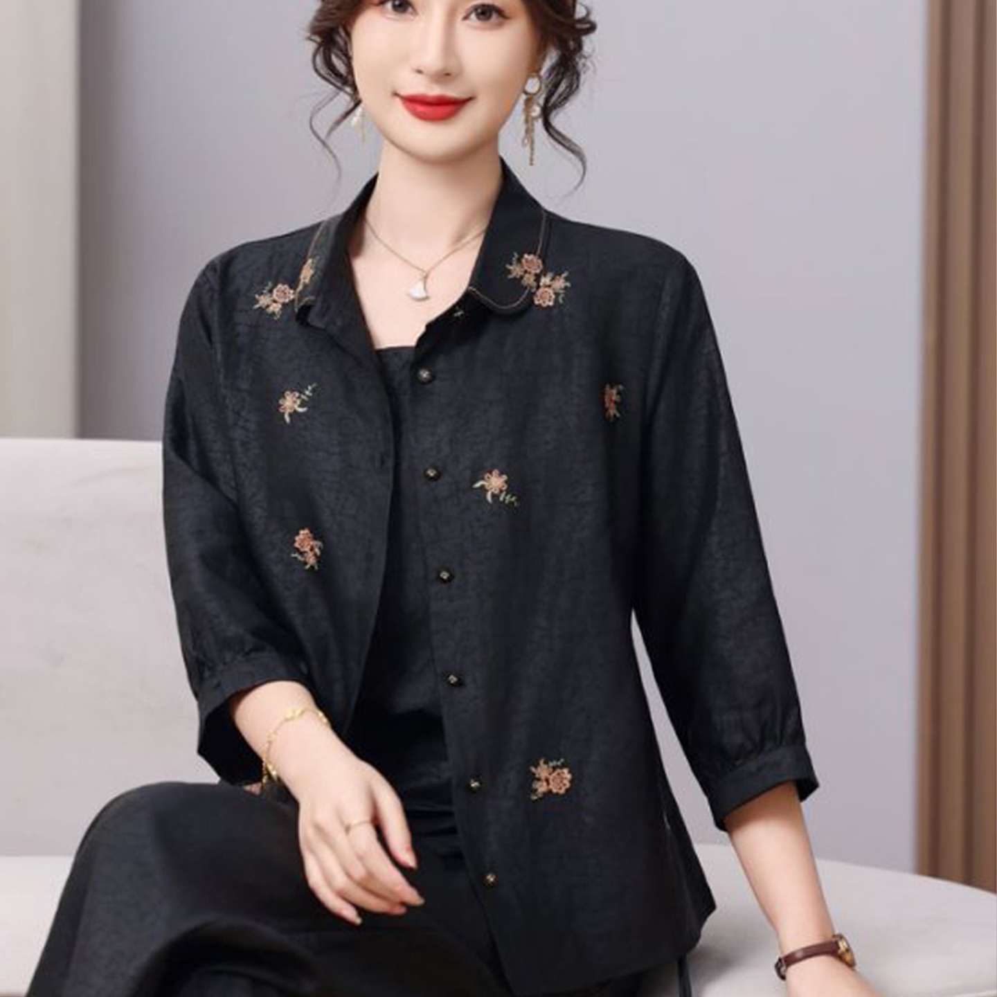 香云纱七分袖女夏薄款衬衫妈妈装