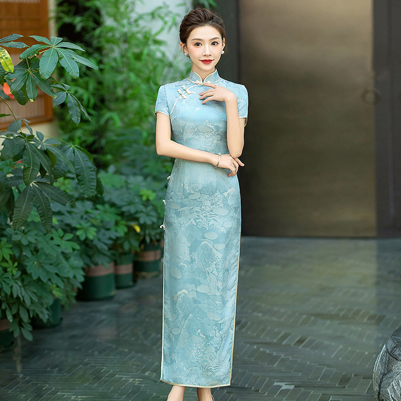 真丝提花花萝旗袍新款2025春夏短袖长款气质妈妈喜服婚宴平时可穿