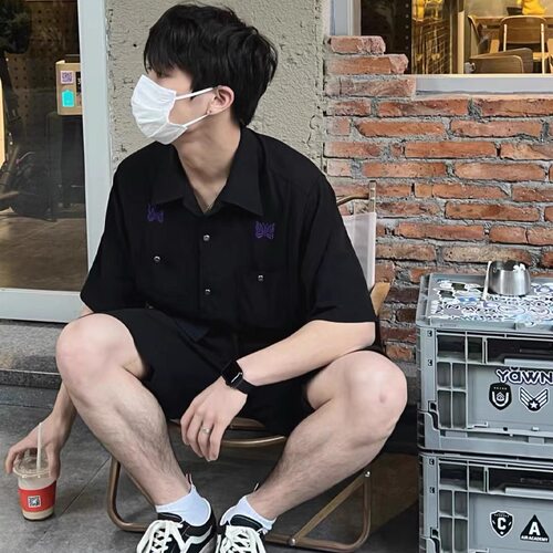 比伯同款Needles Track蝴蝶刺绣古巴领衬衫复古休闲宽松垂感短袖