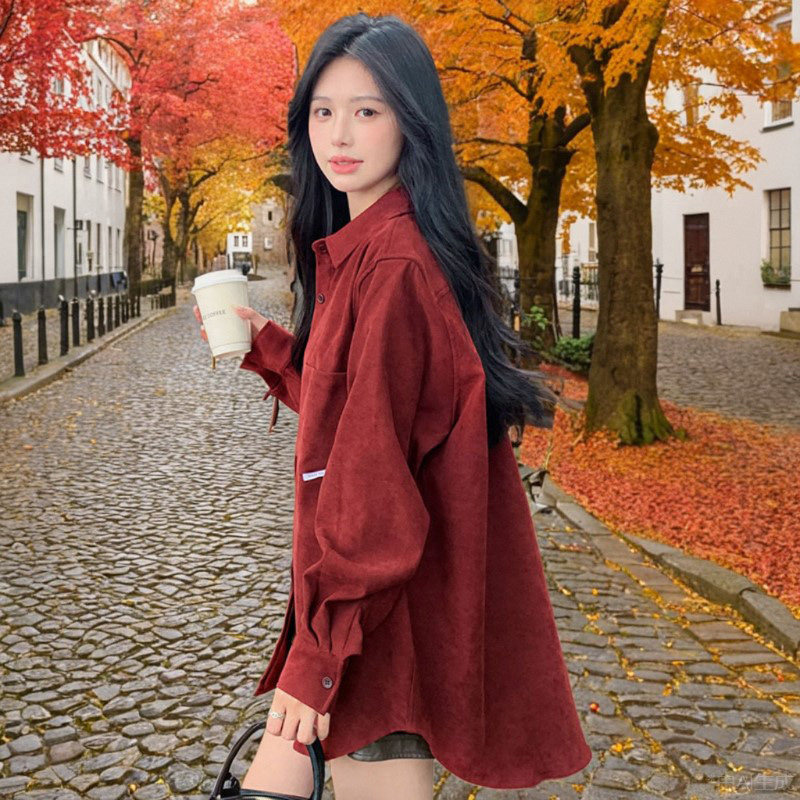 新年红衬衣女2024秋冬新款韩范简约宽松衬衫加绒打底保暖内搭外衣