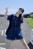 2023夏季女士宽松休闲显瘦牛仔连体裤短裤阔腿裤小个子学生连体衣，女装连体裤，铱本正襟