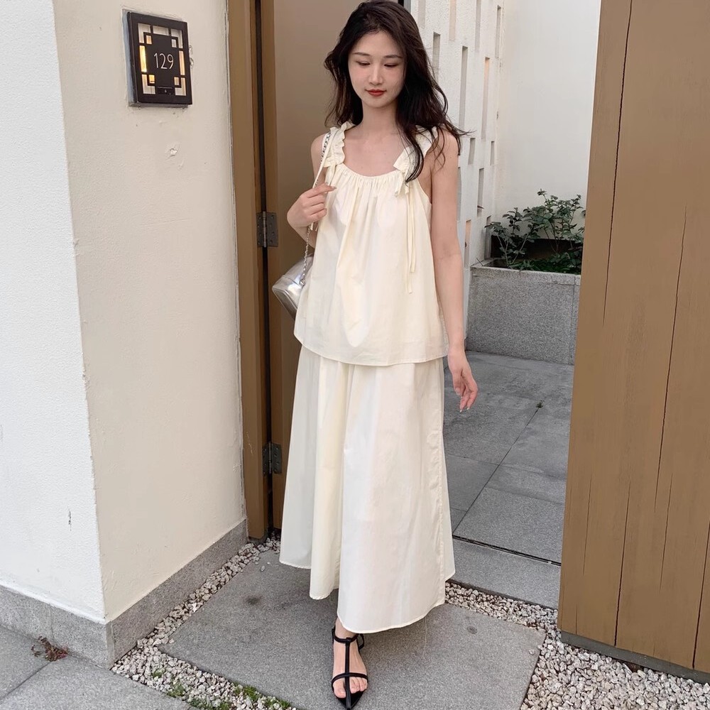 2025夏季新款法式甜美减龄木耳边吊带小衫背心套装半身裙两件套女