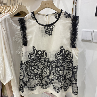 圆领宽松天丝绣花背心女上衣潮